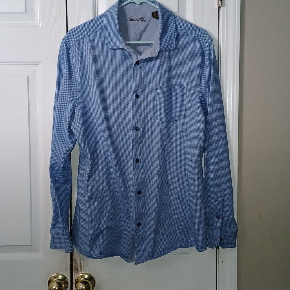 Tasso Elba blue white stretch button down casual long sleeve shirt Sz L NWOT